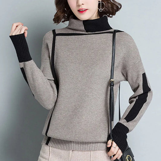 Vintage Women Turtleneck Knitted Sweater Pullovers Spring Autumn Korean Fashion Cootrast Color Loose Casual Long Sleeve Warm Top